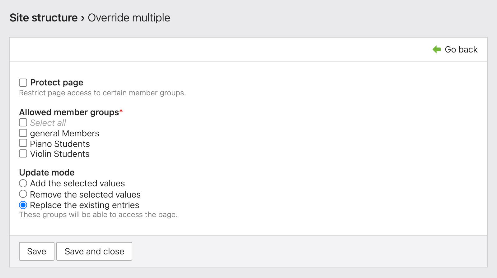 Selecting the update mode when overwriting data records
