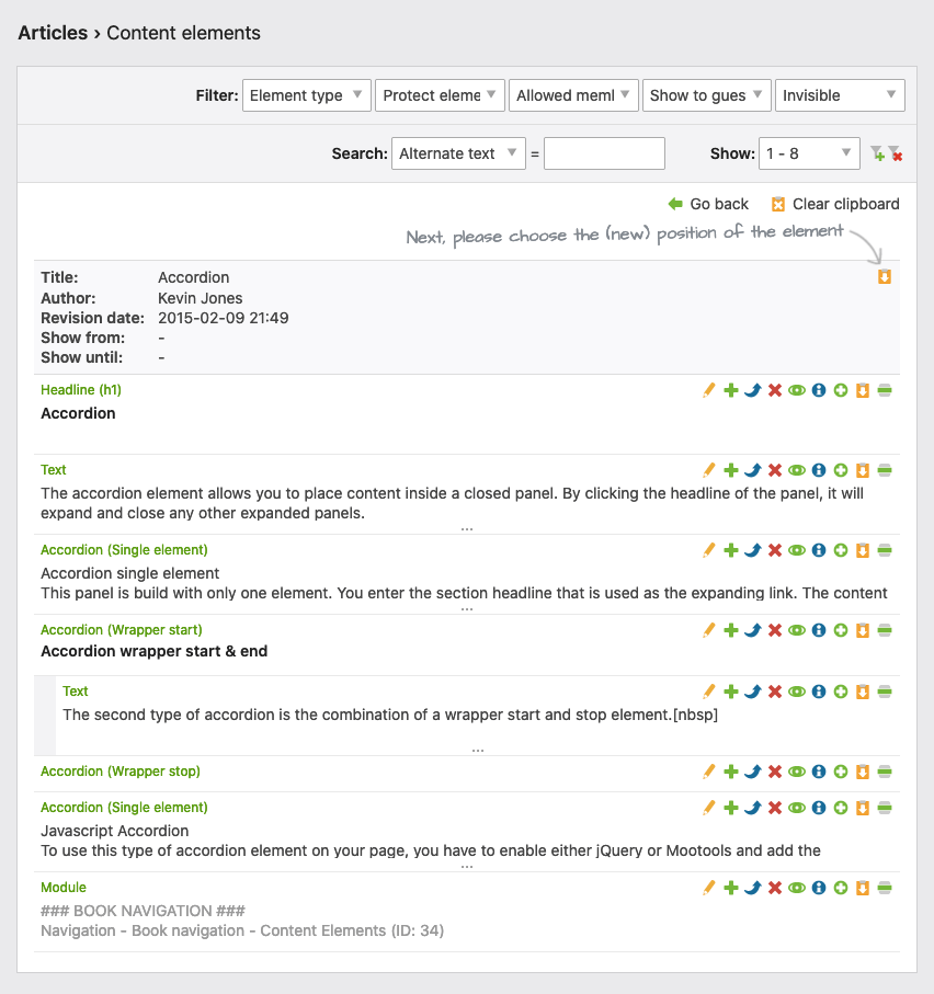Move content elements using the clipboard