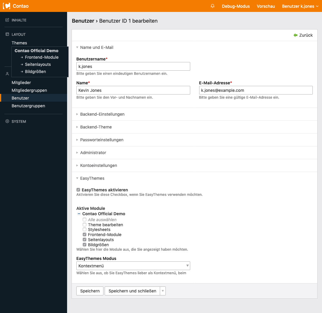 EasyTheme Modus: Kontextmenü