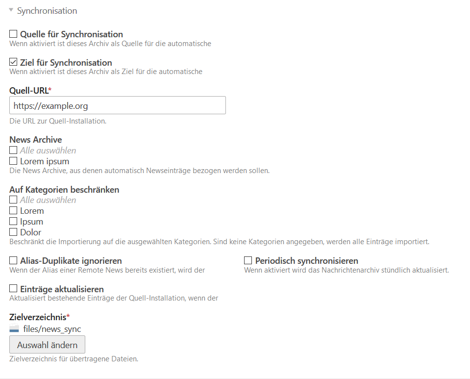 News Sync Einstellungen