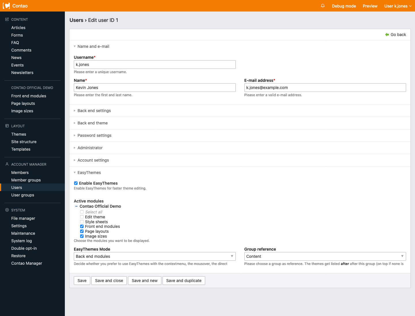 EasyTheme mode: Back end modules (with selection of a reference group)