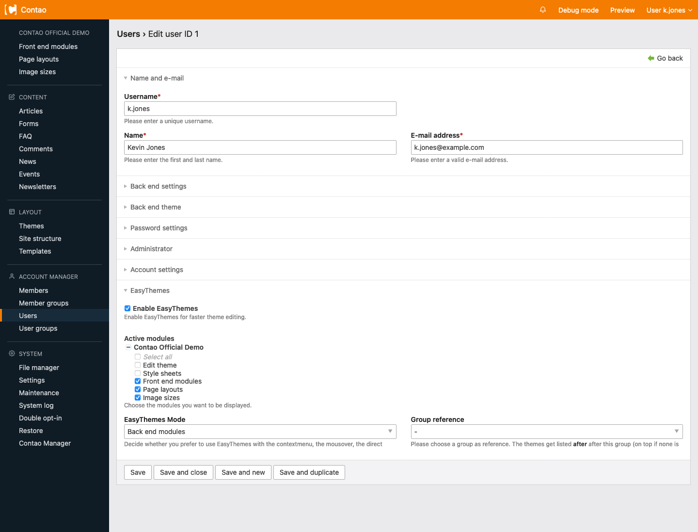 EasyTheme mode: Back end modules (without selecting a reference group)