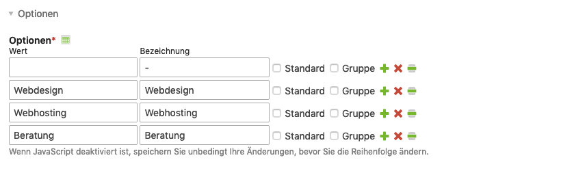 JavaScript-Assistent für das Anlegen von Optionen