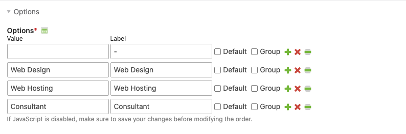 JavaScript wizard for creating options