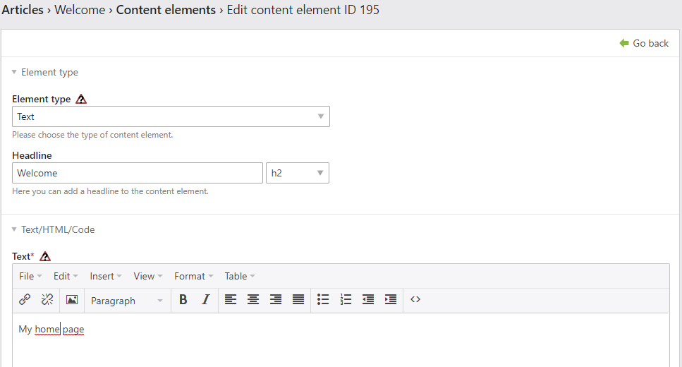 The content element Text