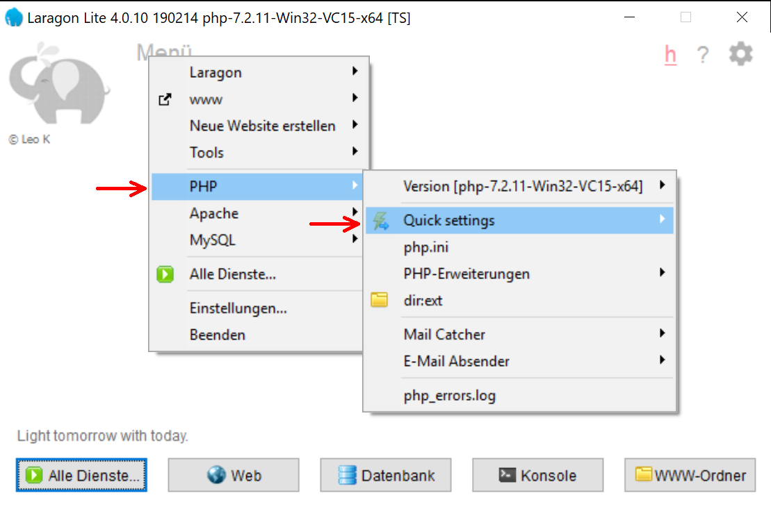 PHP-Schnelleinstellungen öffnen
