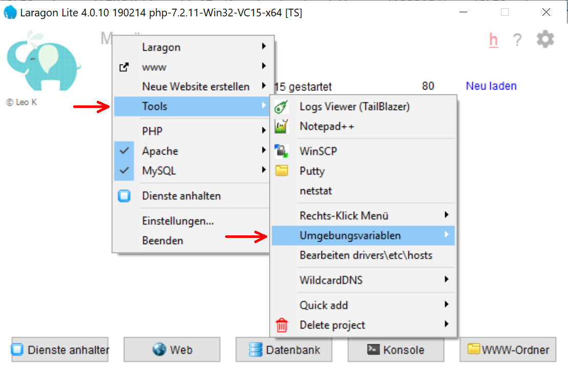 Windows-Umgebungsvariable im Laragon-Verwaltungspanel ergänzen