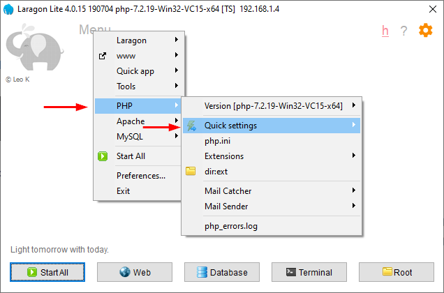Open PHP quick settings