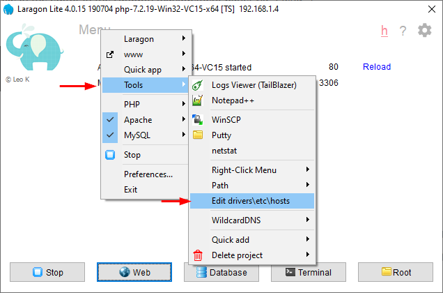 Edit drivers\\etc\\hosts in the Laragon management panel