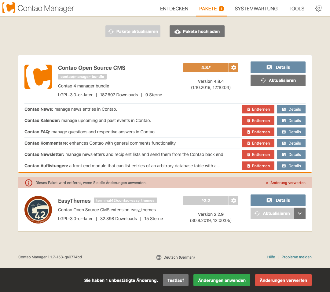 Erweiterungen im Contao Manager deinstallieren