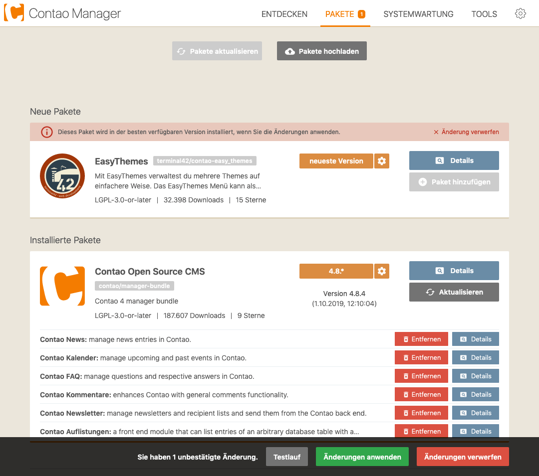 Erweiterungen im Contao Manager installieren