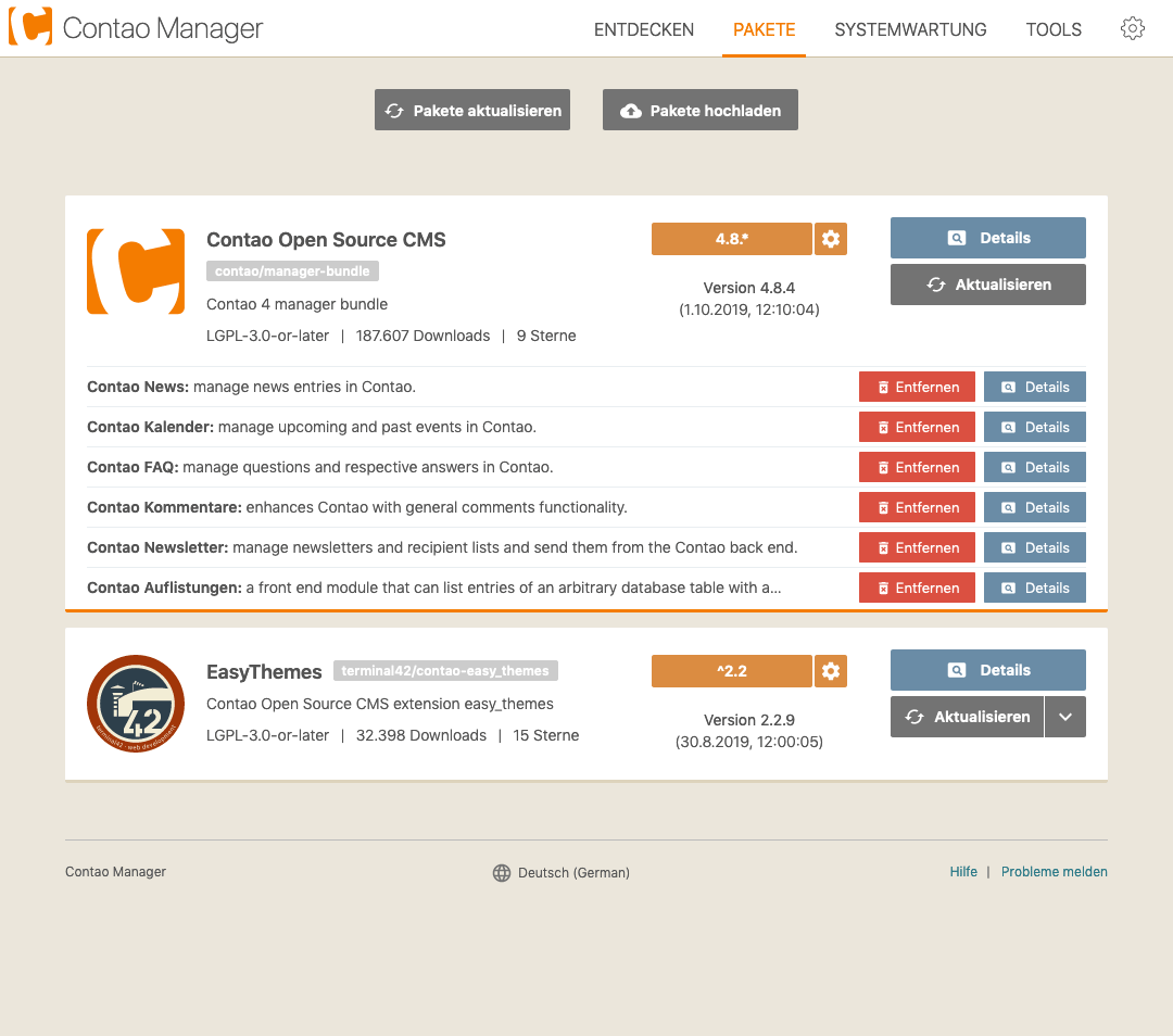 Erweiterungen im Contao Manager installiert