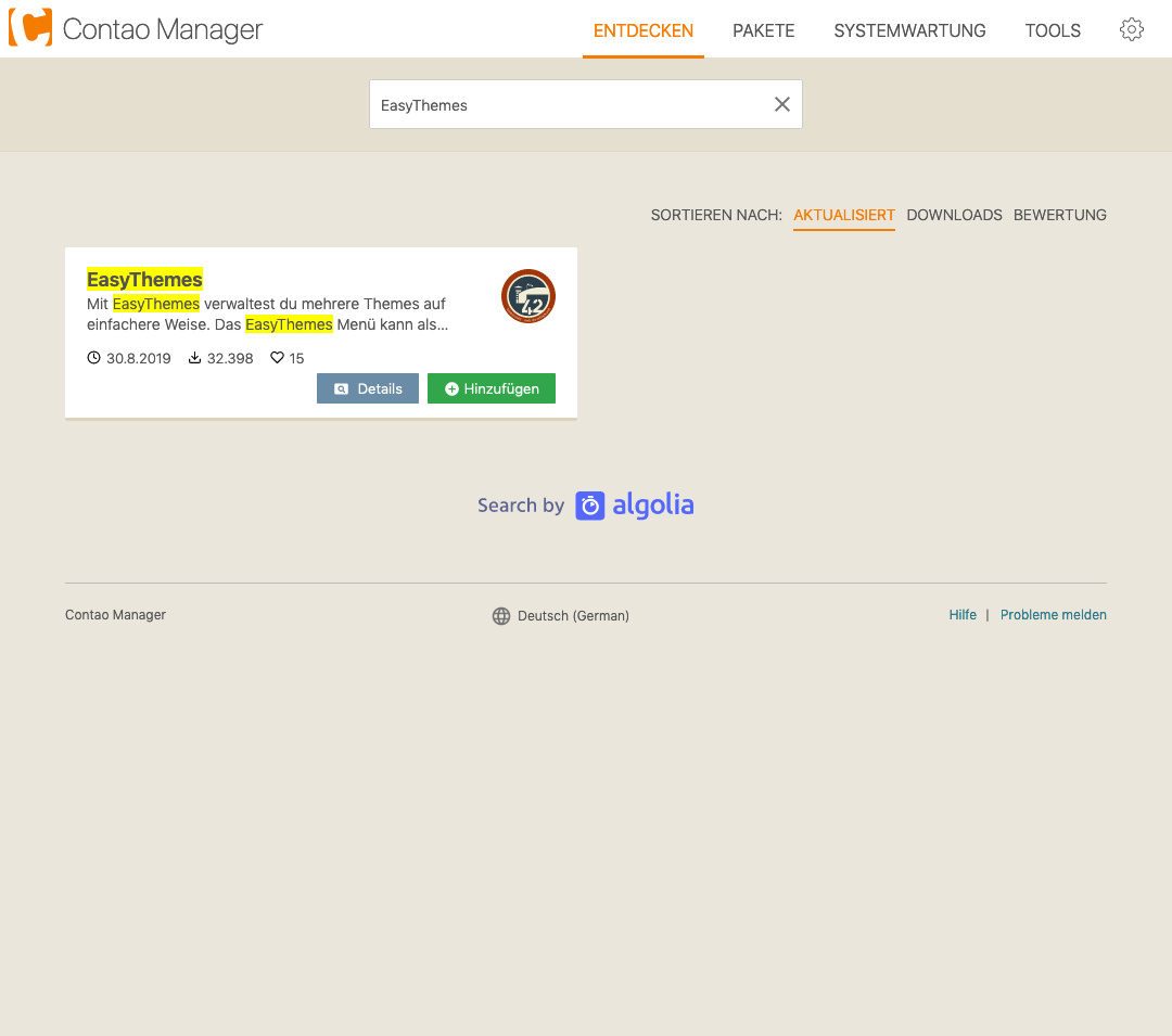 Erweiterungen im Contao Manager suchen
