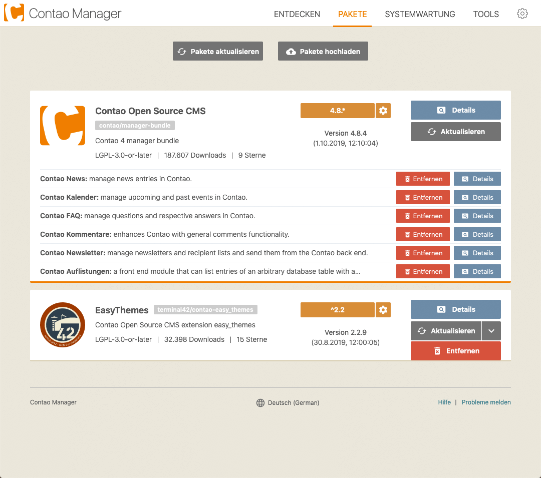 Erweiterungen im Contao Manager zur Deinstallation vormerken