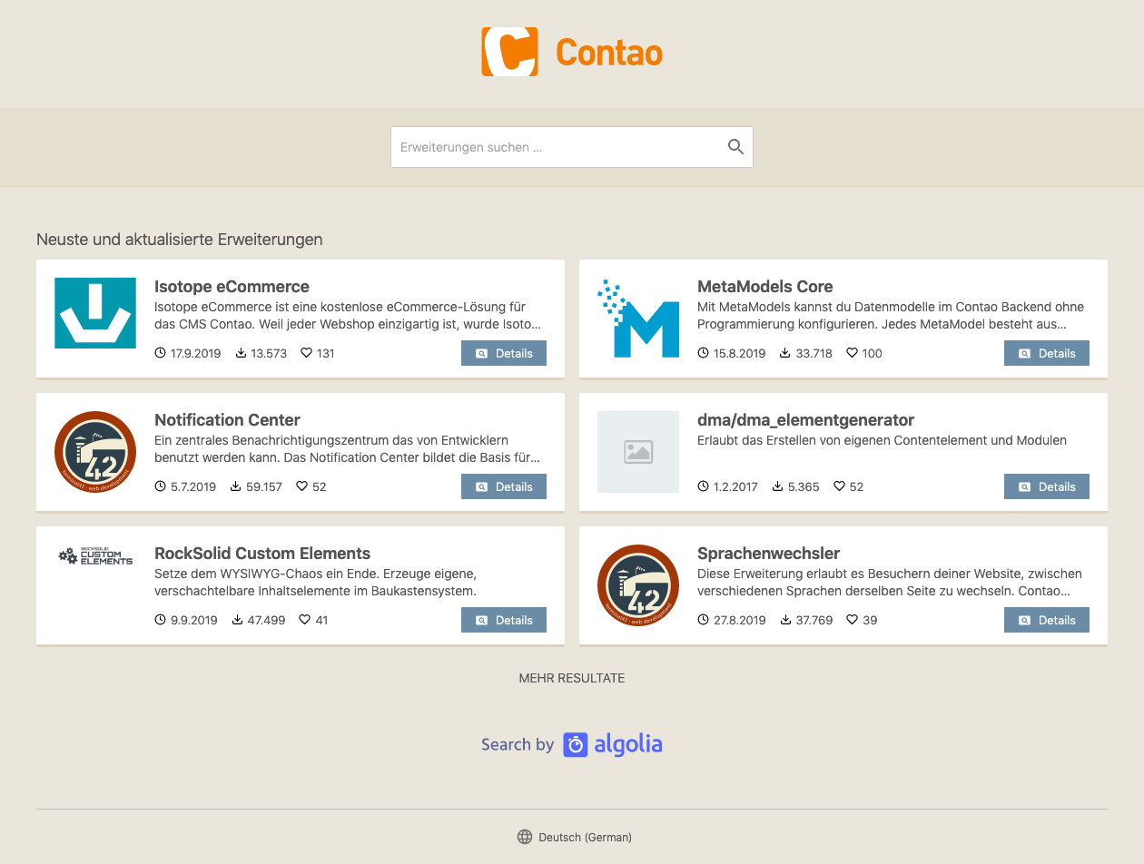 Erweiterungssuche auf extensions.contao.org