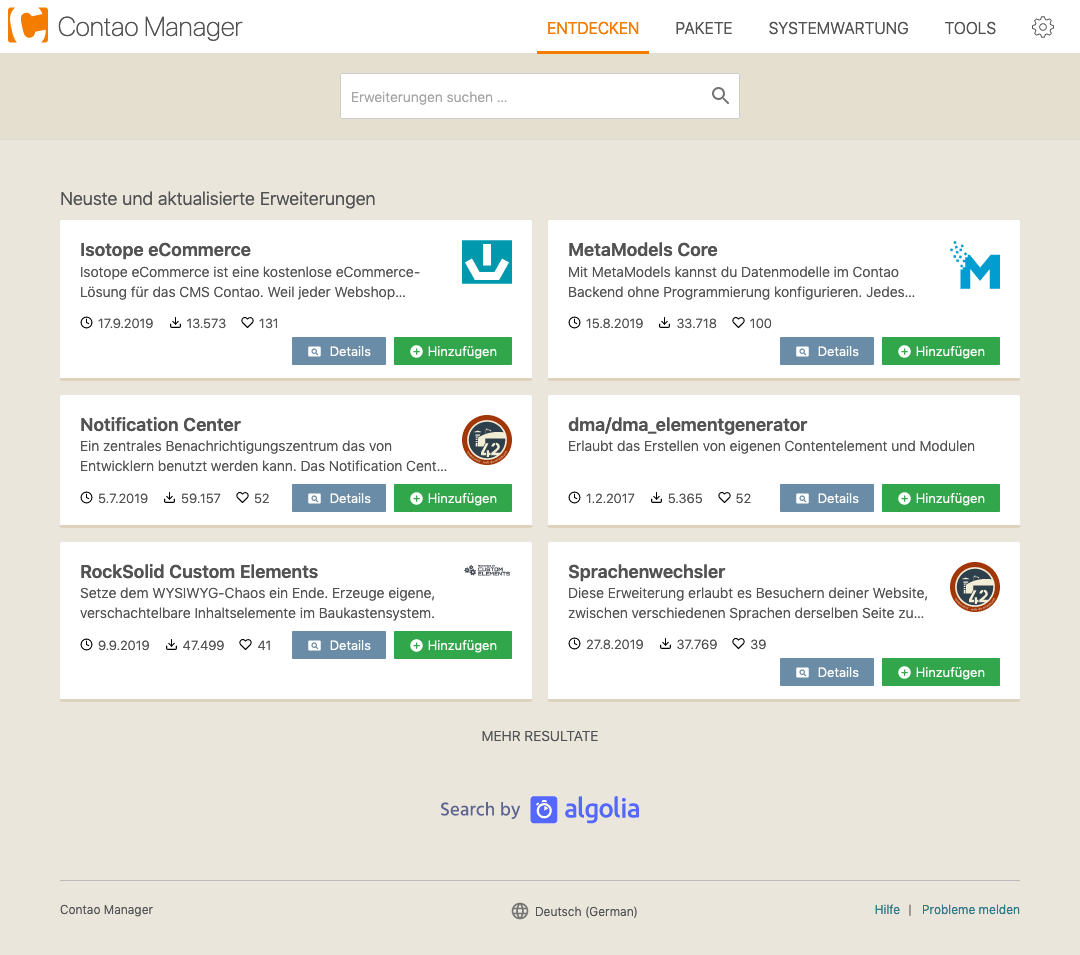 Erweiterungssuche im Contao Manager