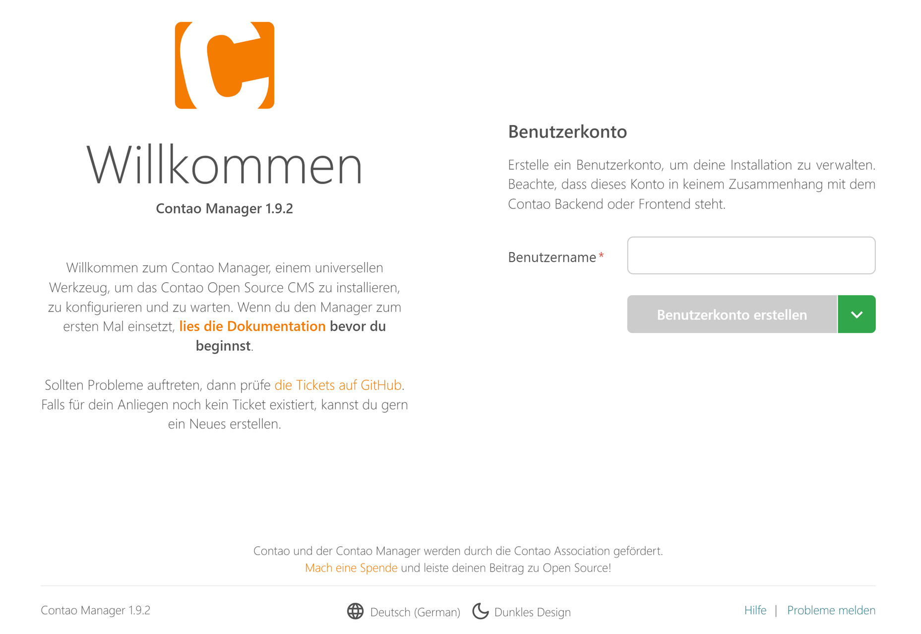 Willkommensseite des Contao Managers