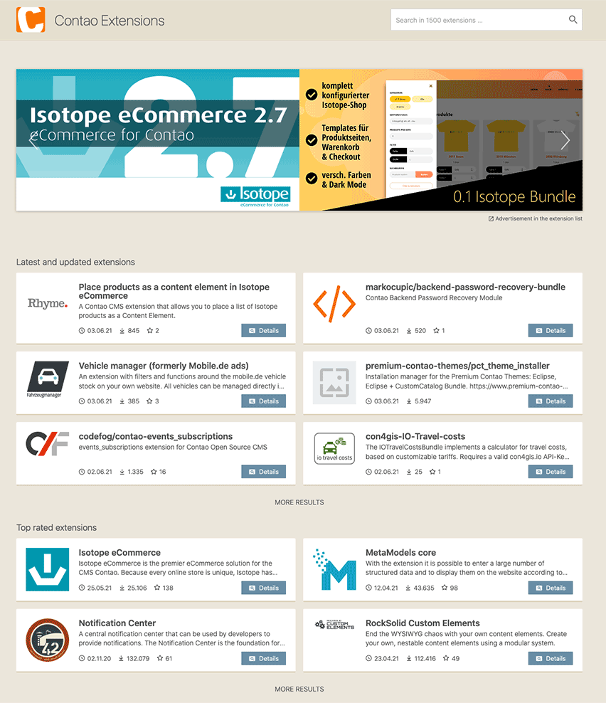 Extensions search on extensions.contao.org
