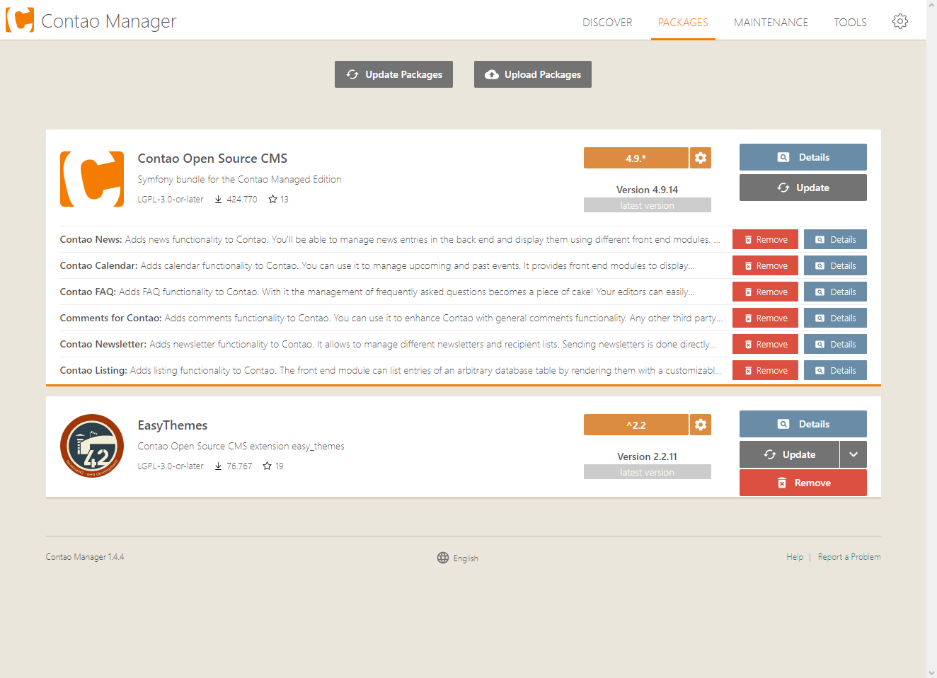 Mark extensions in Contao Manager for uninstallation