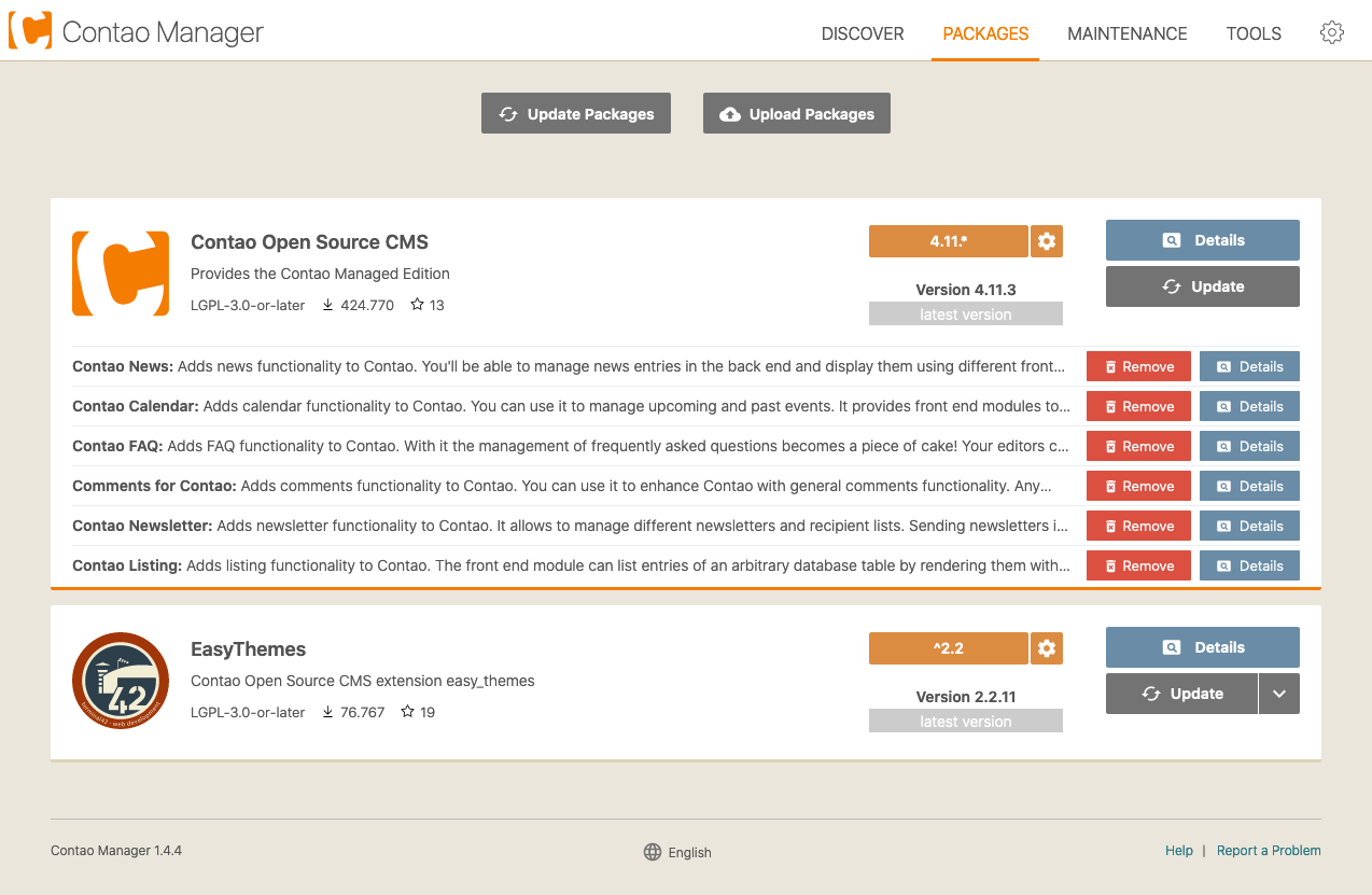 Extensions installed in Contao Manager