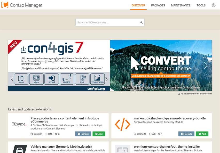 Advanced search in Contao Manager
