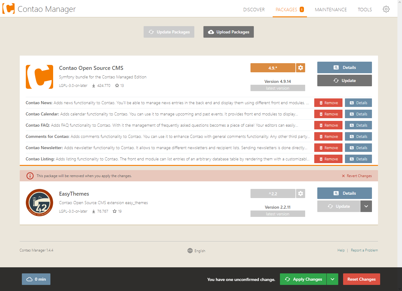 Uninstalling extensions in Contao Manager