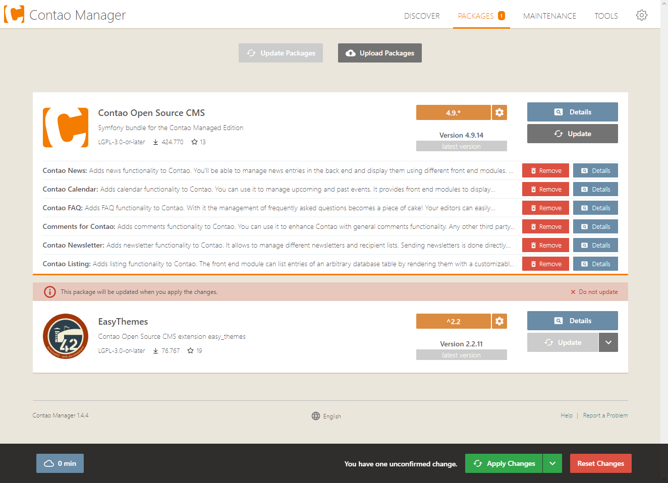 Update extensions in Contao Manager