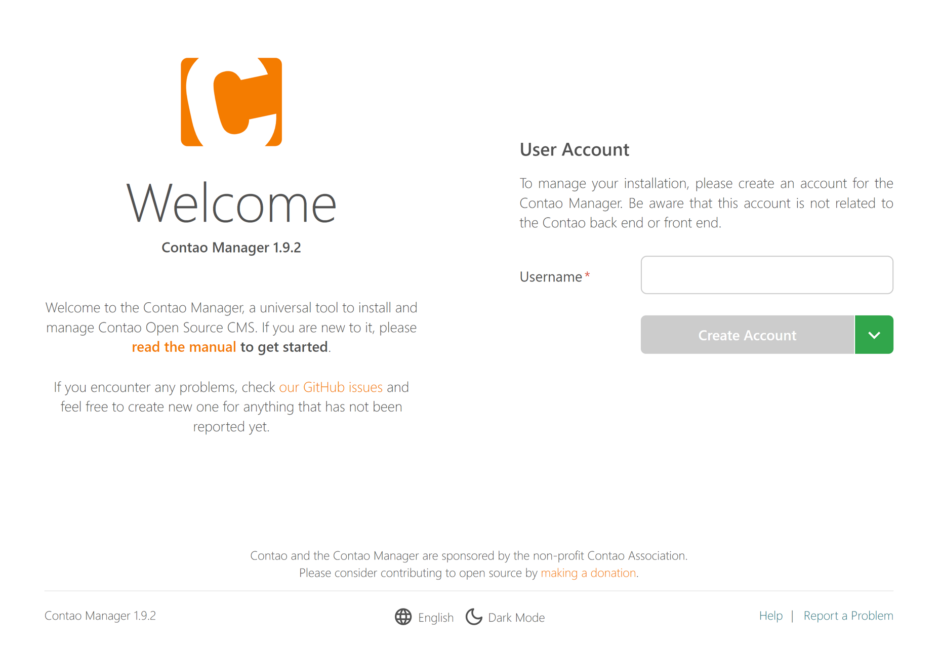 Welcome page of the Contao Manager
