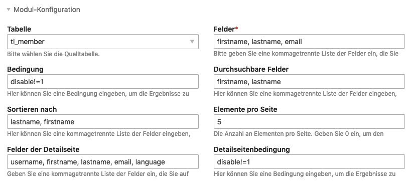 Das Auflistungsmodul konfigurieren