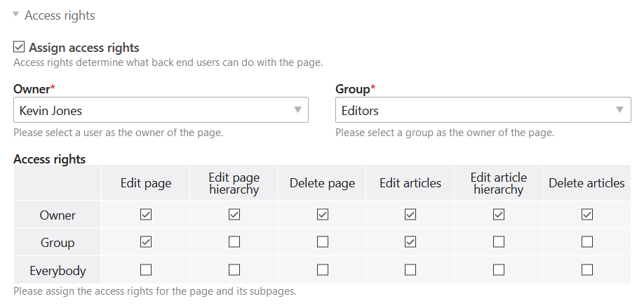 access rights of a page