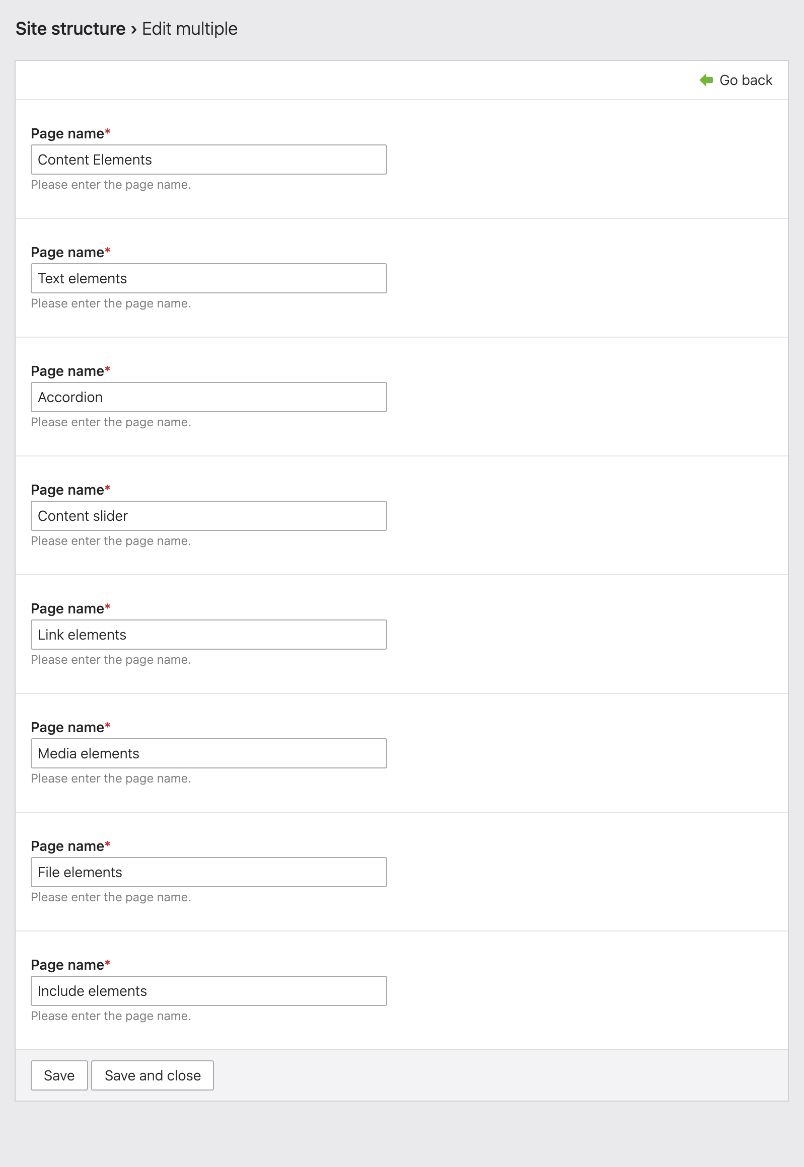 Only the selected input fields are displayed