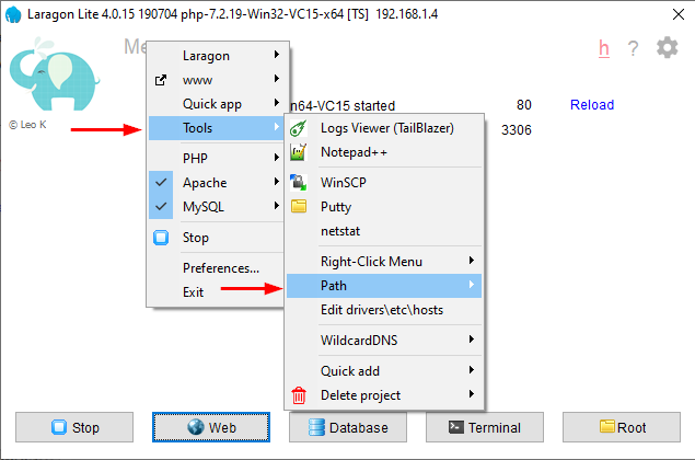 Add Windows environment variable in the Laragon management panel